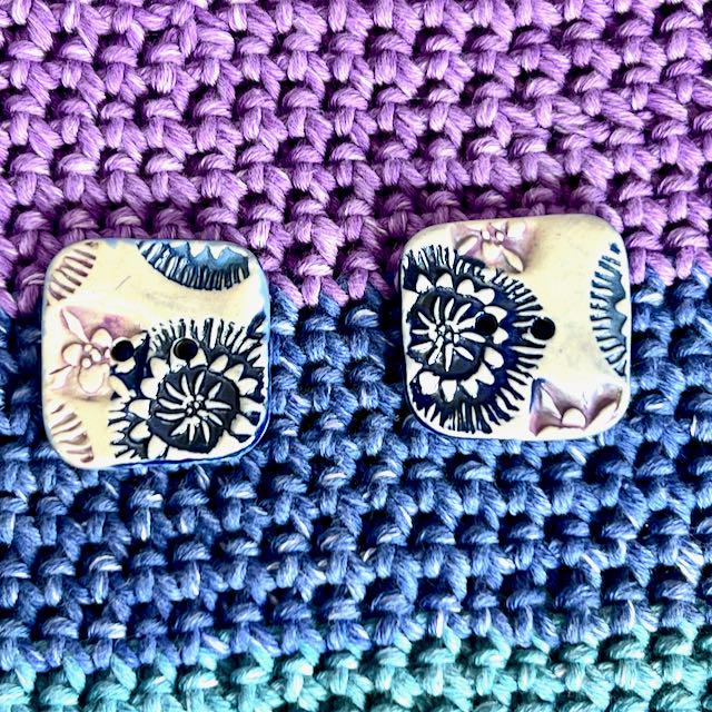 Purple and Blue Boho Designs on White Square Buttons