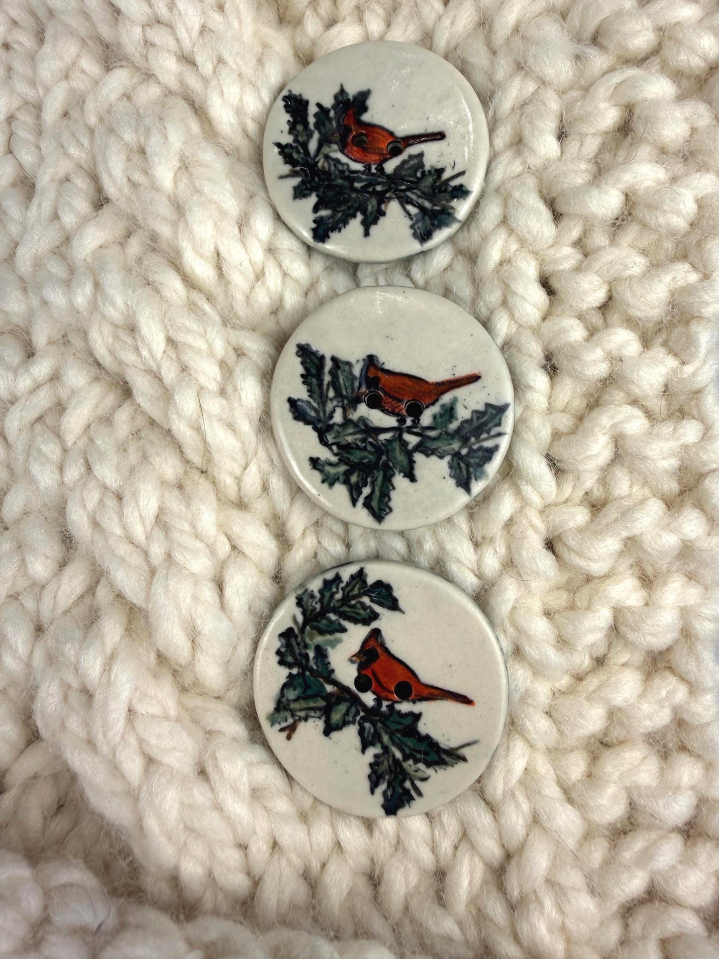 Red Cardinal With Holly on White Round Button