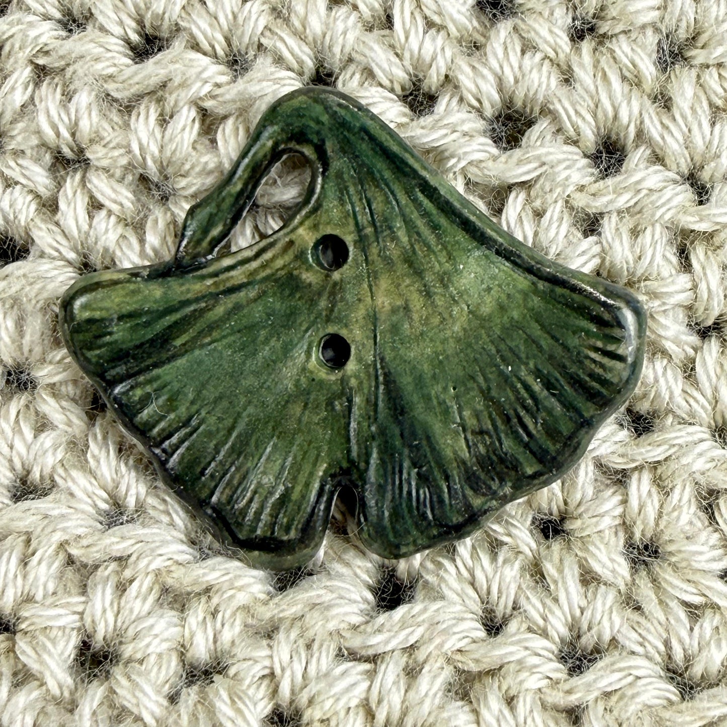 Carved Green Ginkgo Ceramic Button with Dark Green Details