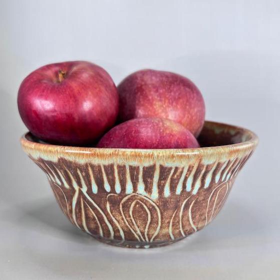 Brown and Turquoise Carved Serving Bowl/Fruit Bowl