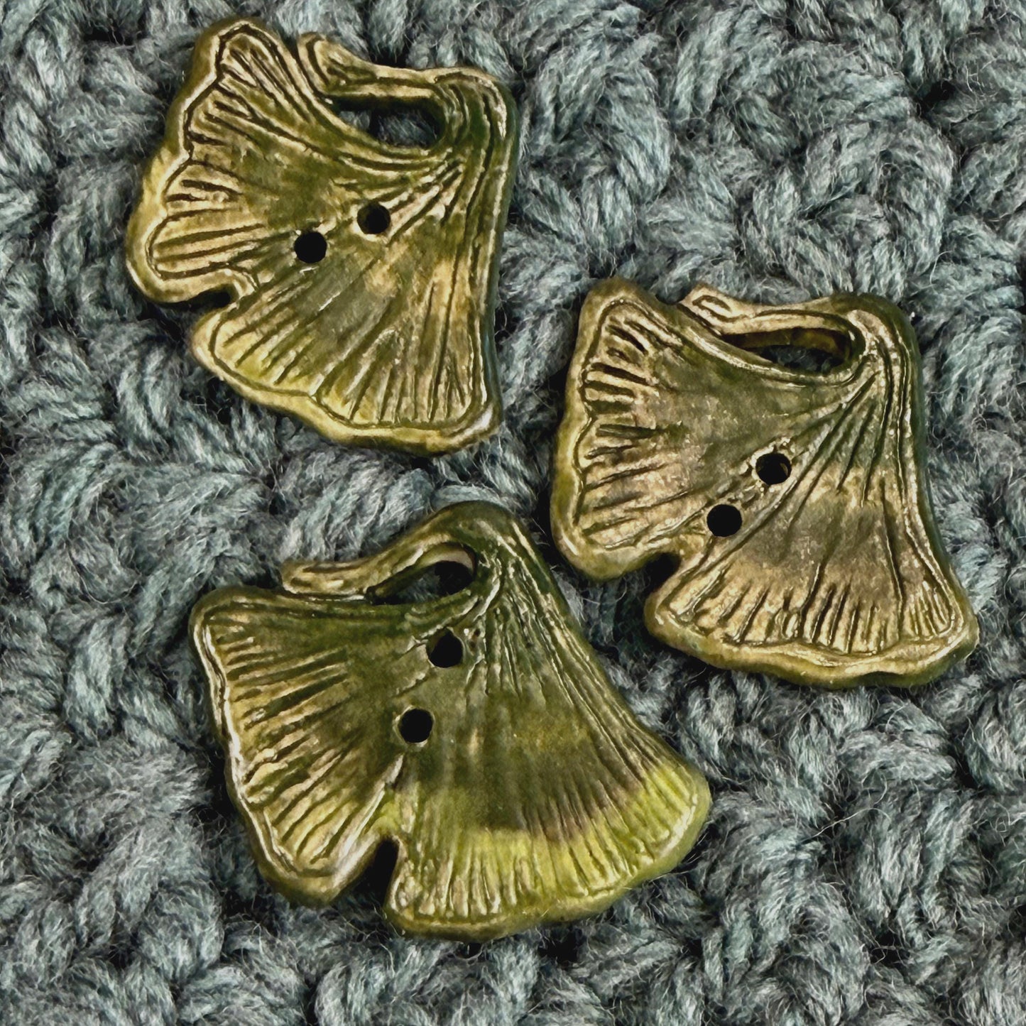 Carved Green Ginkgo Ceramic Button with Dark Green Details