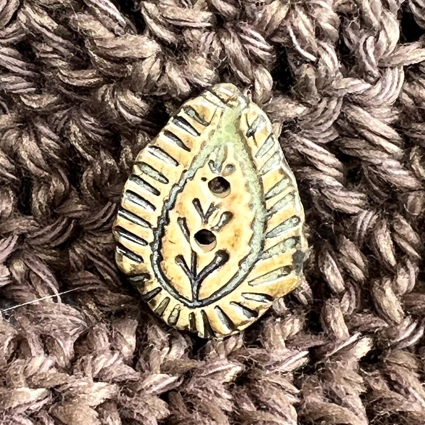 Natural Paisley with Dark Green Details Teardrop Shaped Ceramic Button