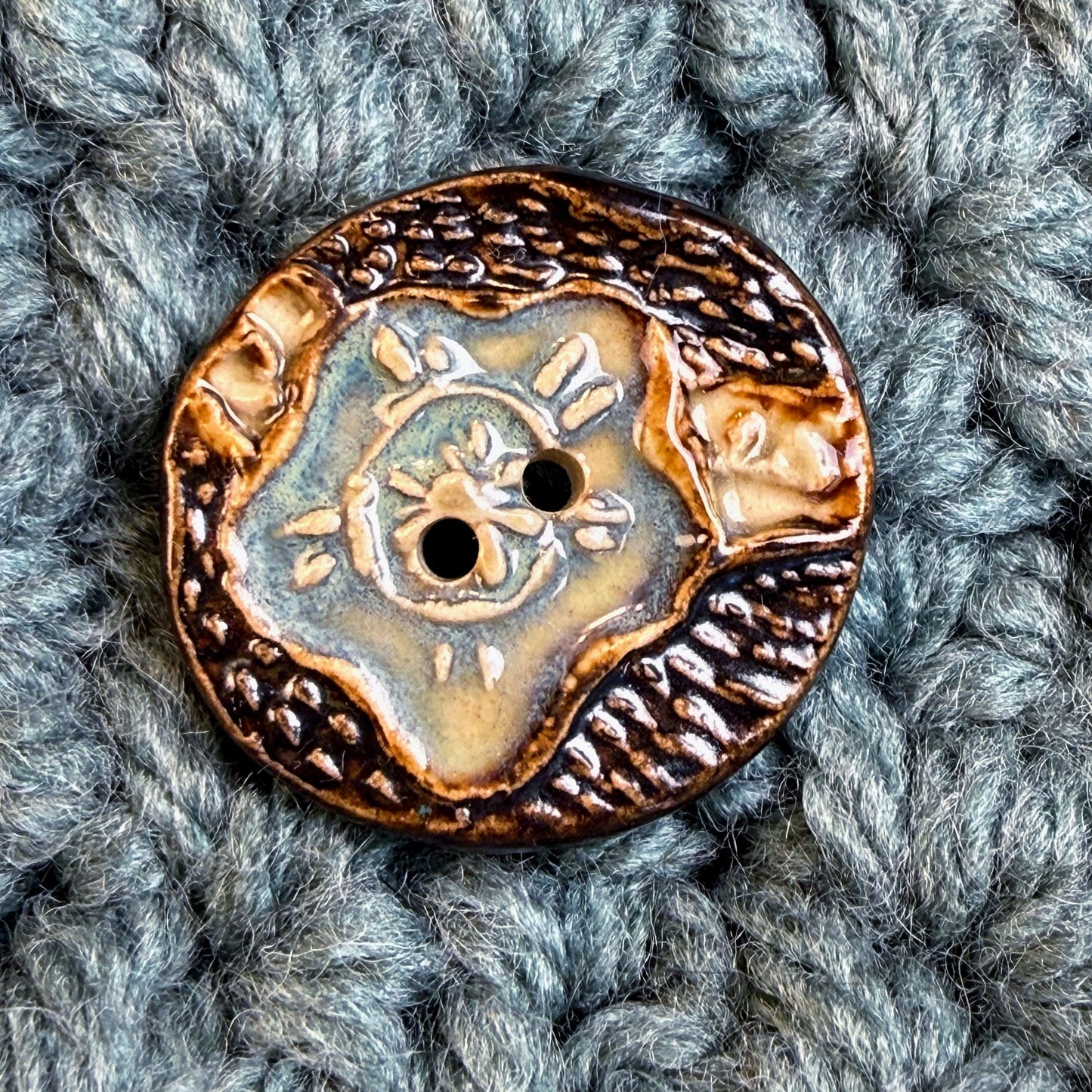 Turquoise Blue and Copper Flower and Leaf Ceramic Button