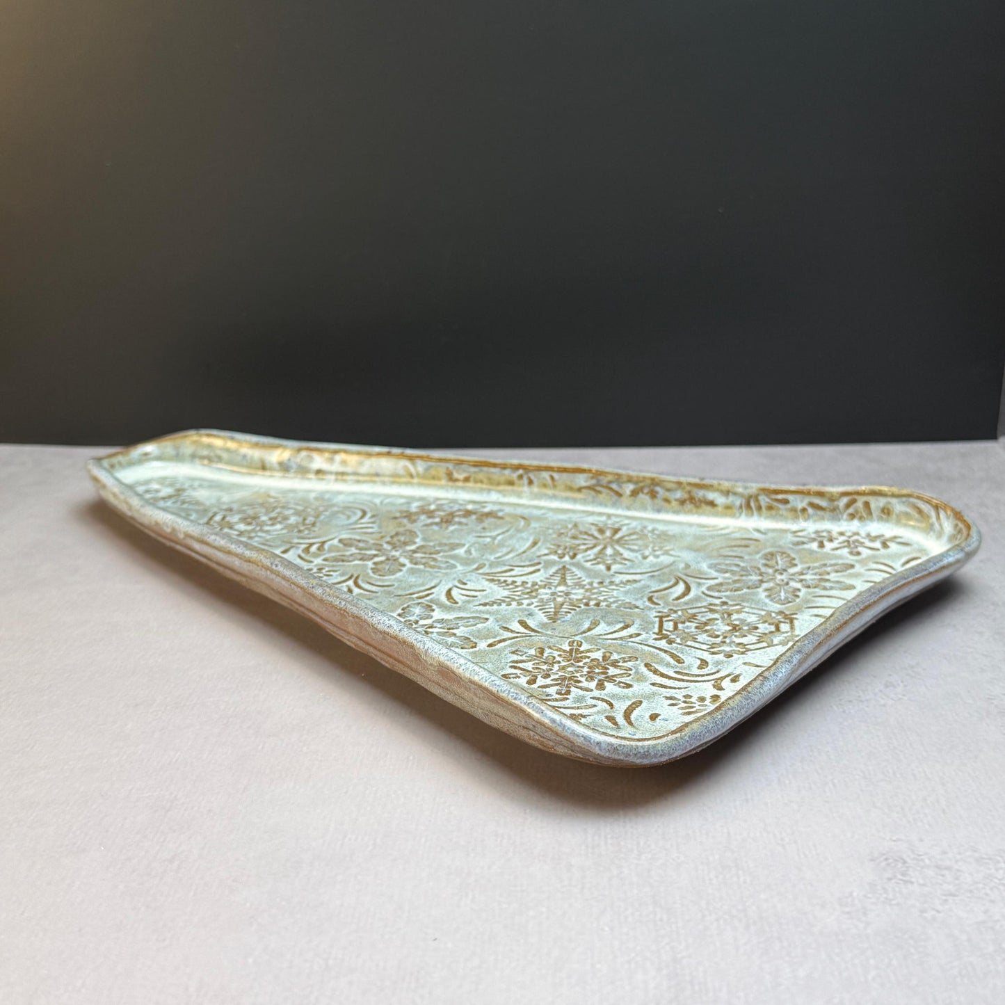 MCM Tree Shaped Tray with Snowflake Pattern White on Brown Stoneware
