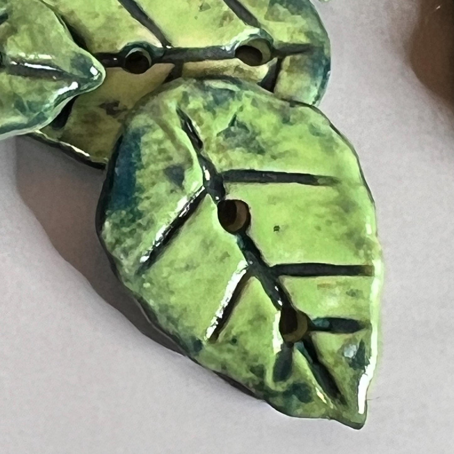 Leaf Shaped Ceramic Buttons Green with Dark Green Veins