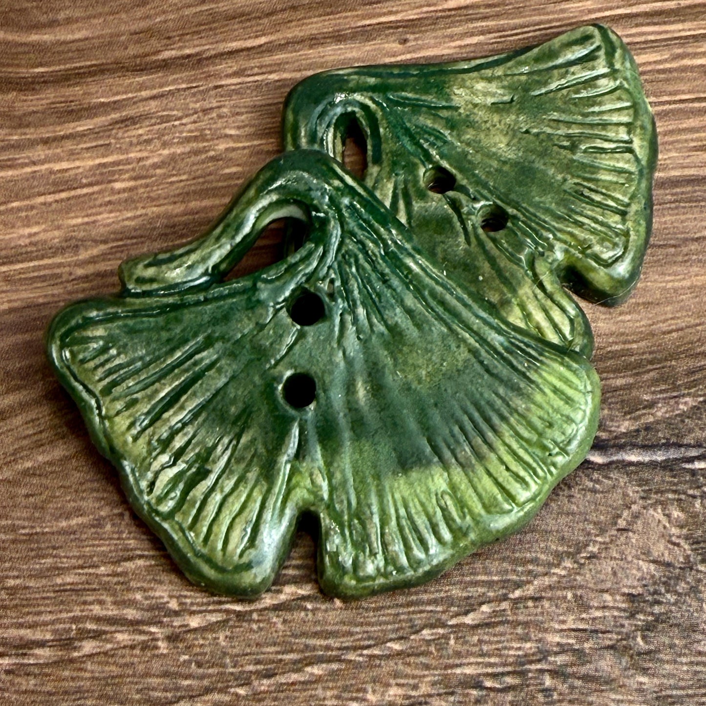 Carved Green Ginkgo Ceramic Button