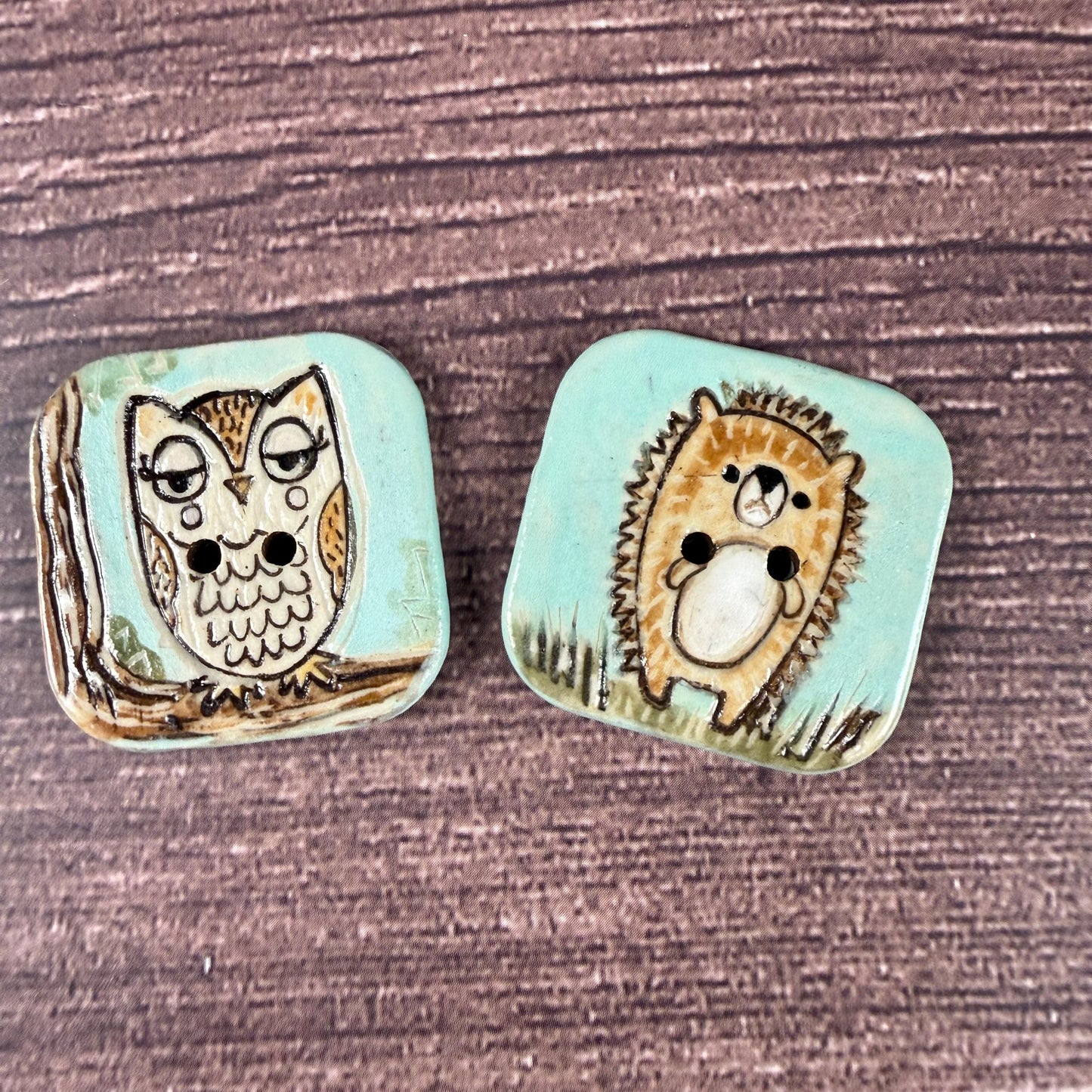 Retro Owl and Hedgie Square Ceramic Buttons