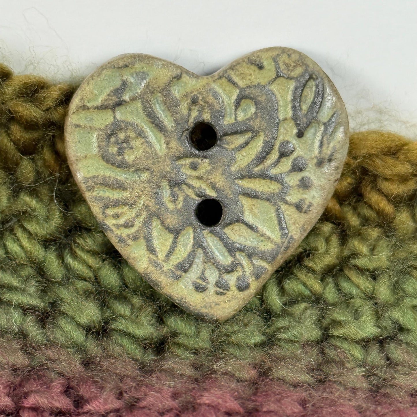 Matcha Green Floral Pattern on Black Porcelain Heart Button