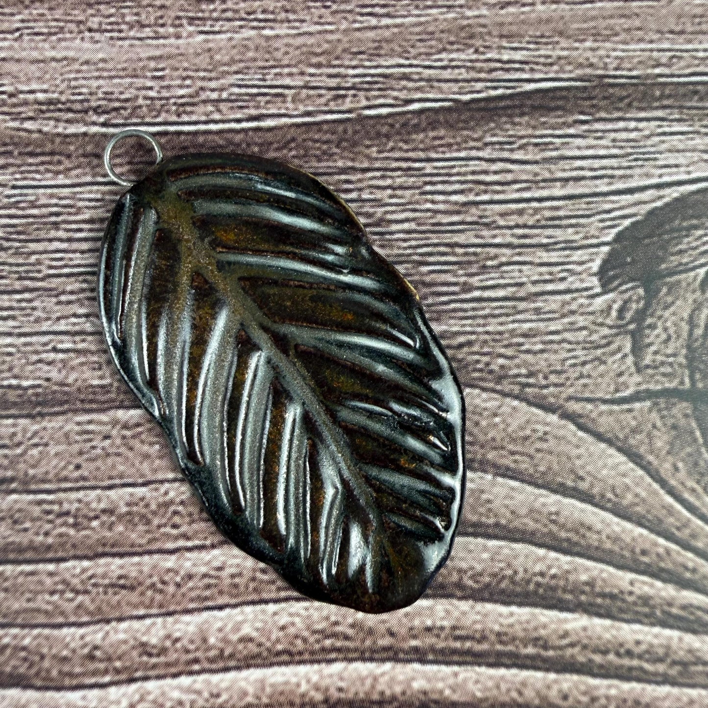 Deep Black and Copper Leaf Ceramic Pendant