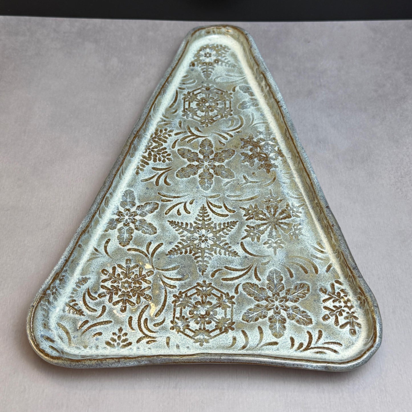 MCM Tree Shaped Tray with Snowflake Pattern White on Brown Stoneware