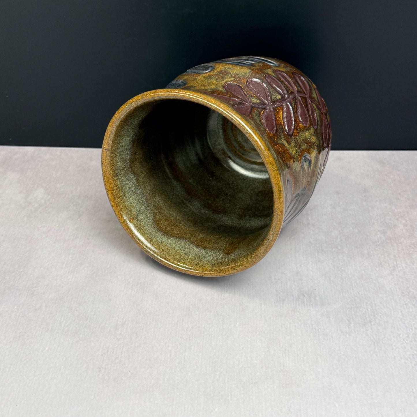 Brown Leaves on a Brown and Green Stoneware Pot/Desk Caddy