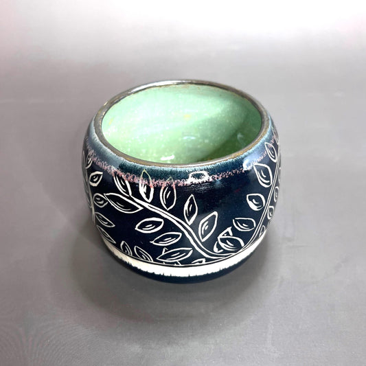 Ivy Green and Black Vine Design Small Cache Pot/ Snack/Charcuterie Bowl