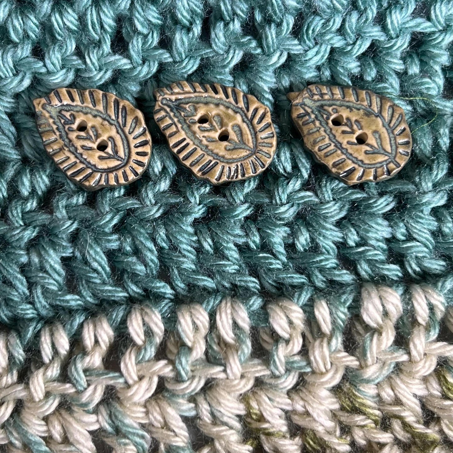 Natural Paisley with Dark Green Details Teardrop Shaped Ceramic Button
