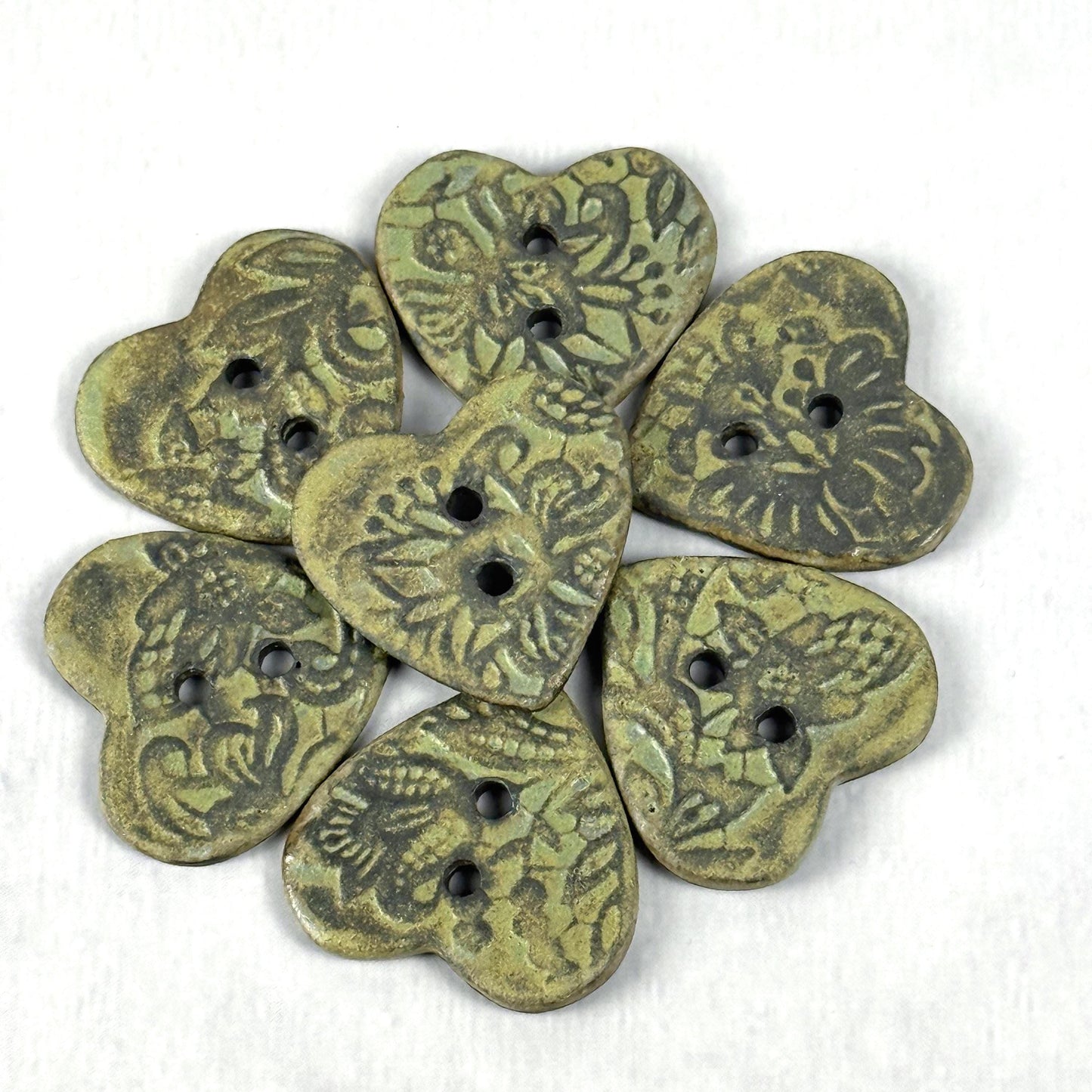 Matcha Green Floral Pattern on Black Porcelain Heart Button