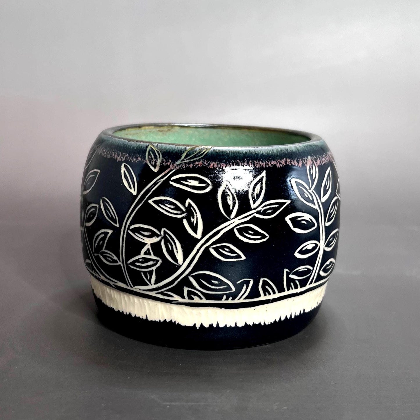 Ivy Green and Black Vine Design Small Cache Pot/ Snack/Charcuterie Bowl