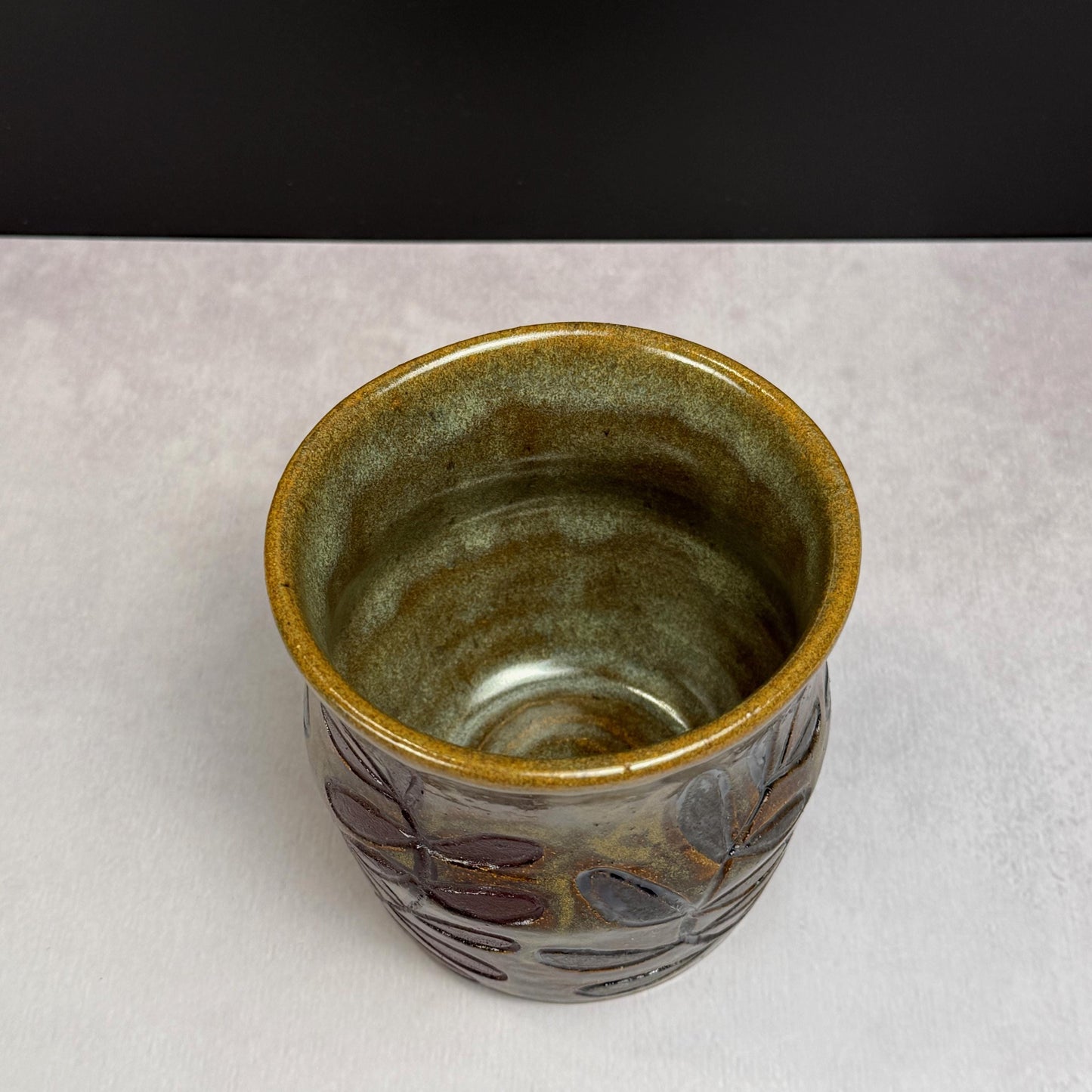 Brown Leaves on a Brown and Green Stoneware Pot/Desk Caddy