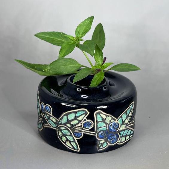 Decorative Blue Berries and Leaves Sgraffito Design Bud Vase