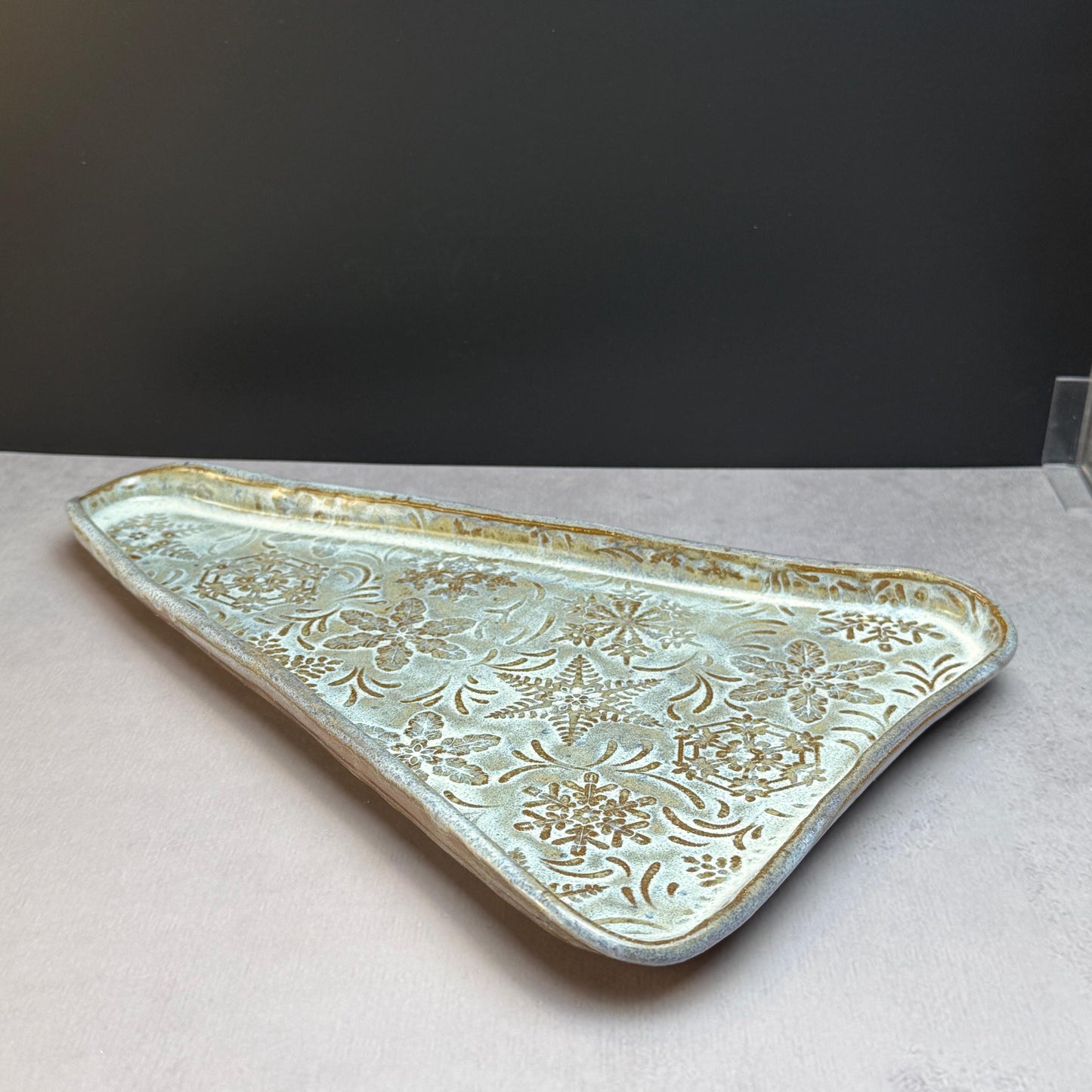 MCM Tree Shaped Tray with Snowflake Pattern White on Brown Stoneware