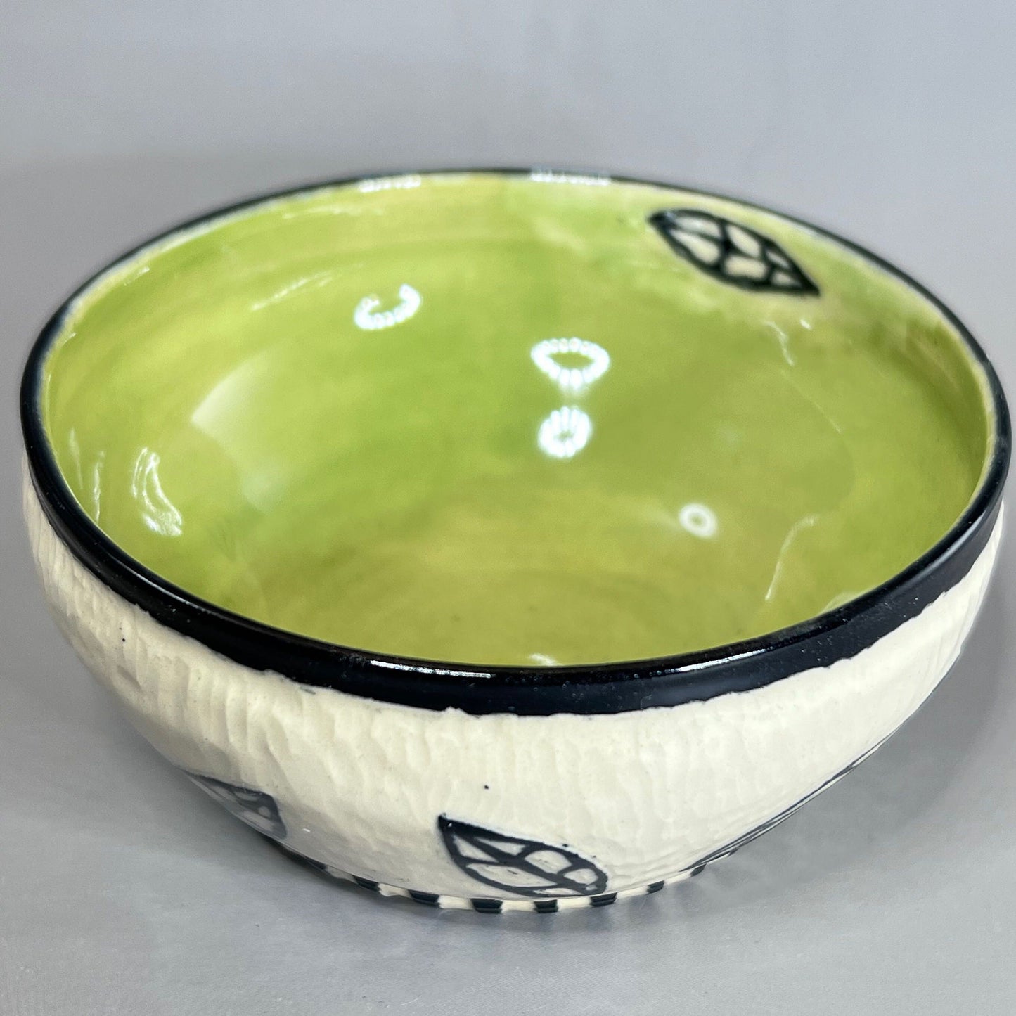 Sgraffito Stoneware Bowl, Celadon Glaze, Leaf Design