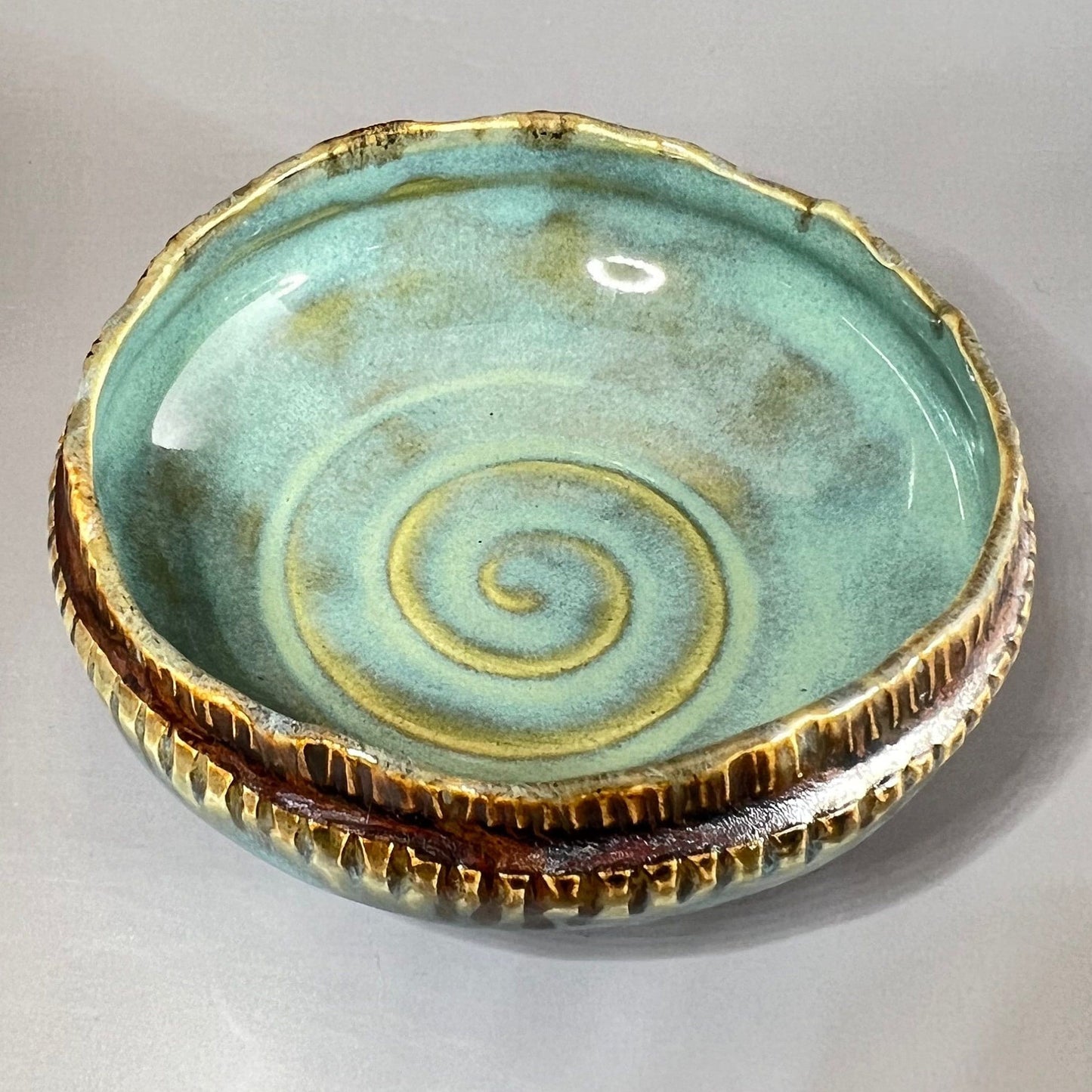 Copper and Turquoise Carved Stoneware Trinket Dish