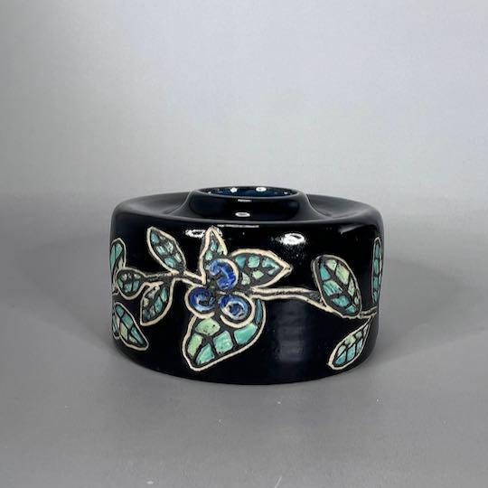 Decorative Blue Berries and Leaves Sgraffito Design Bud Vase