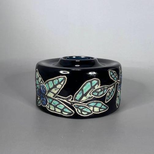 Decorative Blue Berries and Leaves Sgraffito Design Bud Vase