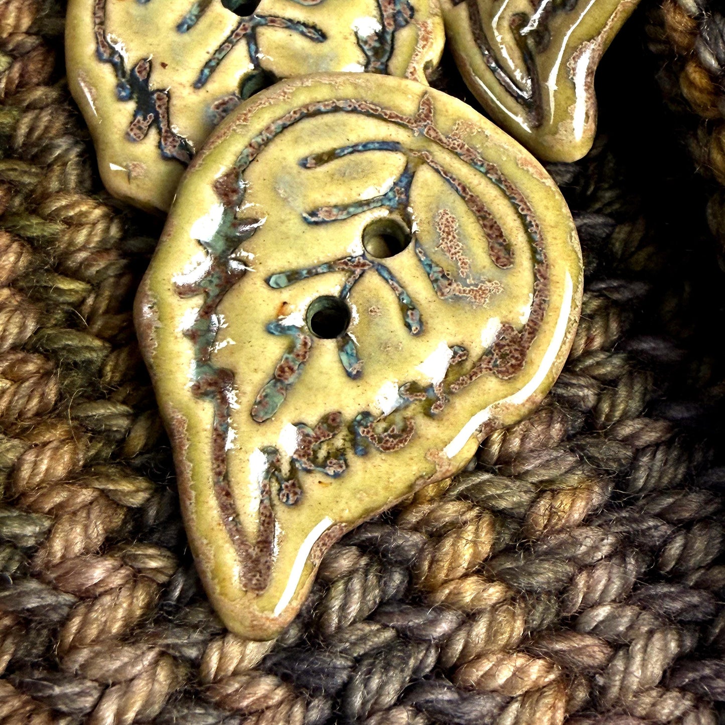 Large Stylized Green Leaf Ceramic Button