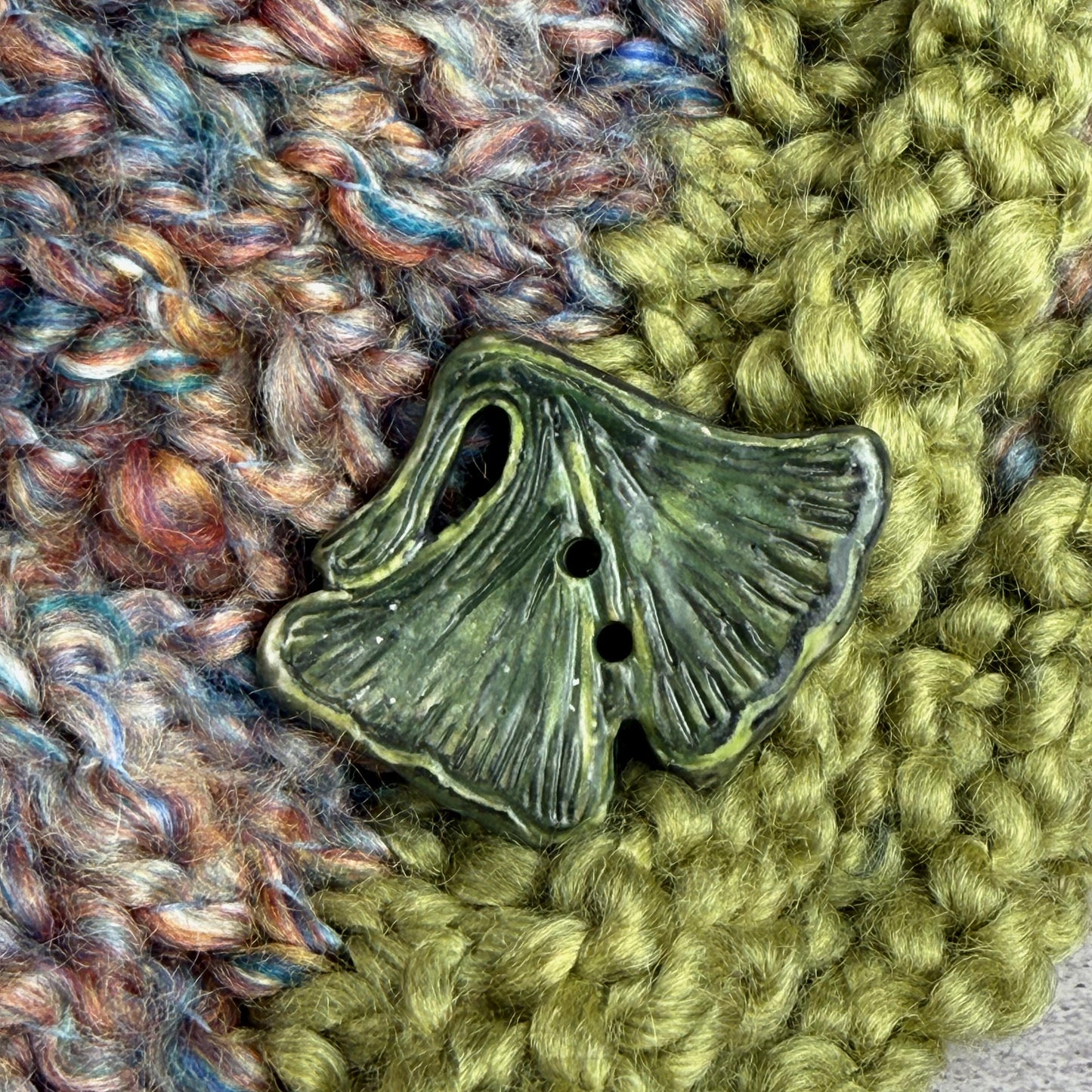 Carved Green Ginkgo Ceramic Button with Dark Green Details