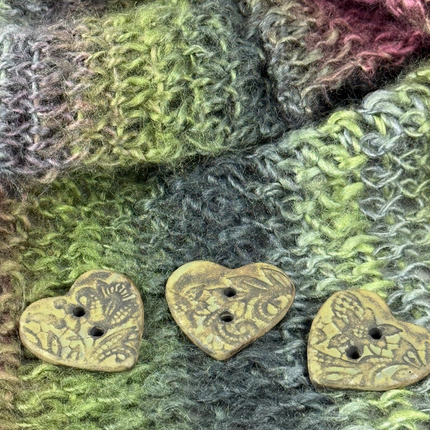 Matcha Green Floral Pattern on Black Porcelain Heart Button