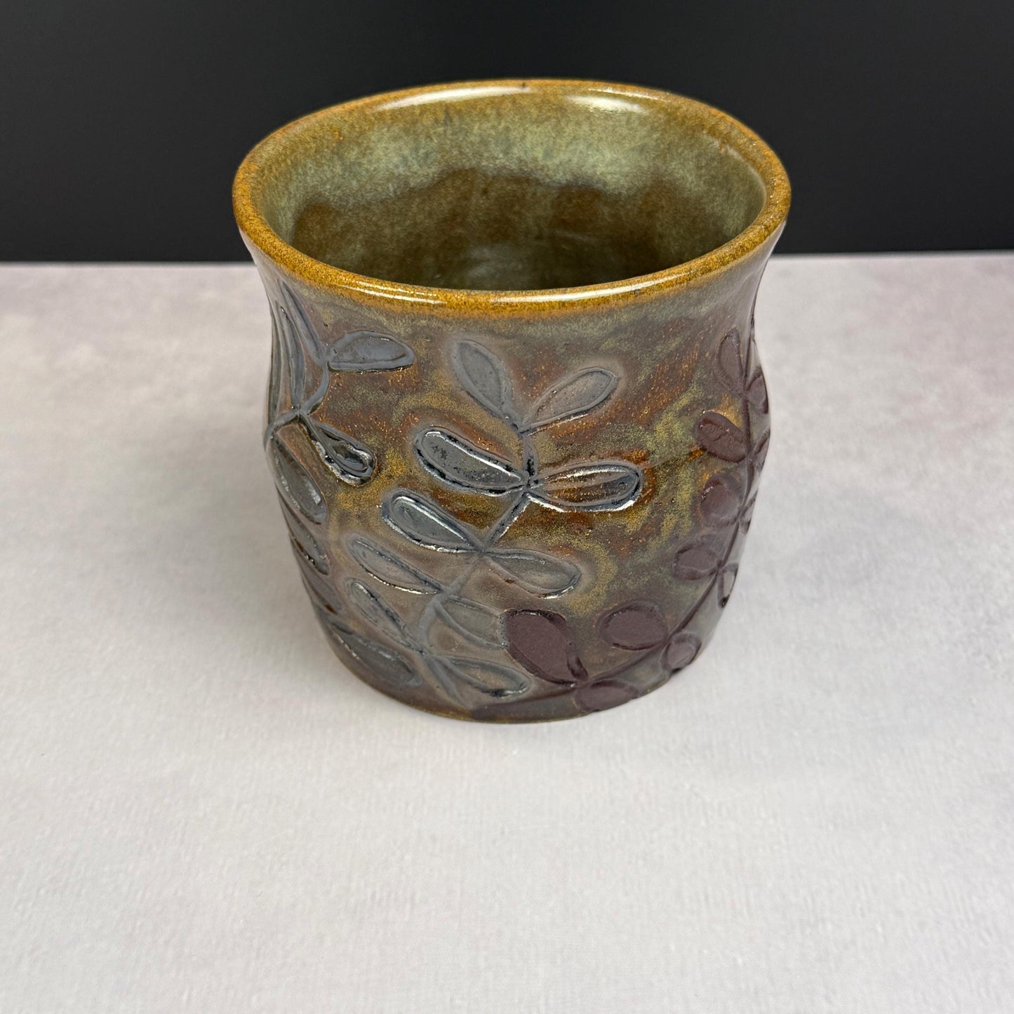 Brown Leaves on a Brown and Green Stoneware Pot/Desk Caddy