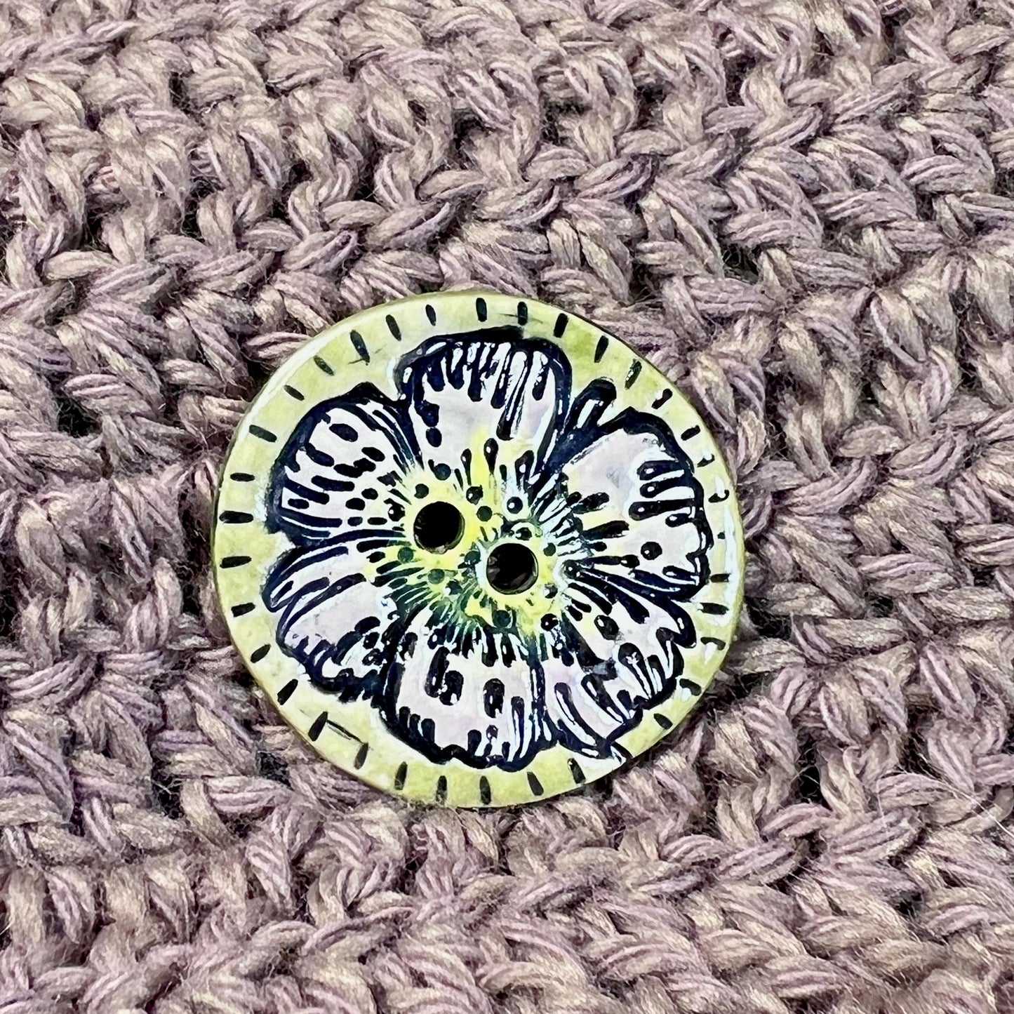 Large Button with  Light Lavender Flower and Green Border
