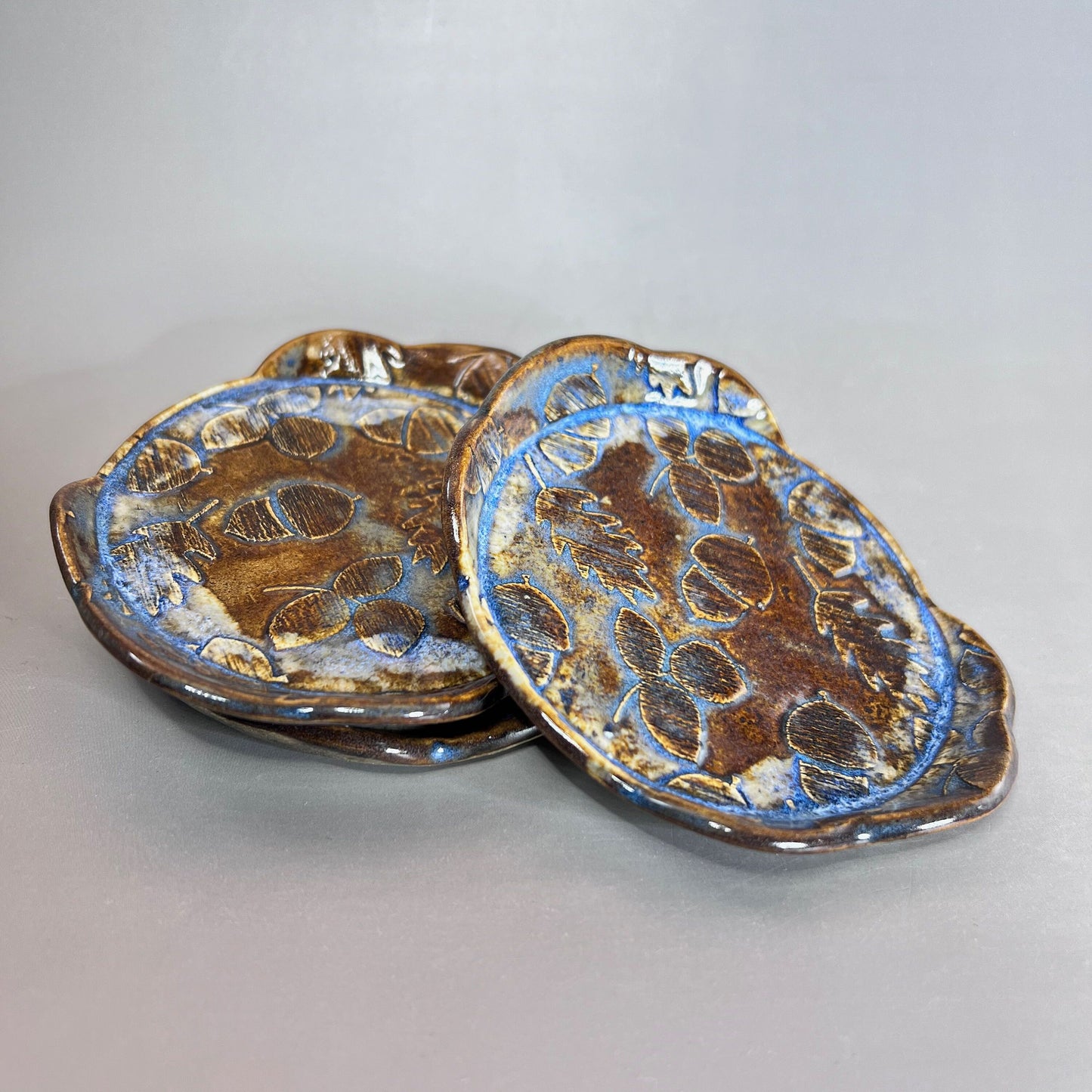 Brown and Blue Fall Acorn Stoneware Teabag Holder/ Spoon Rest