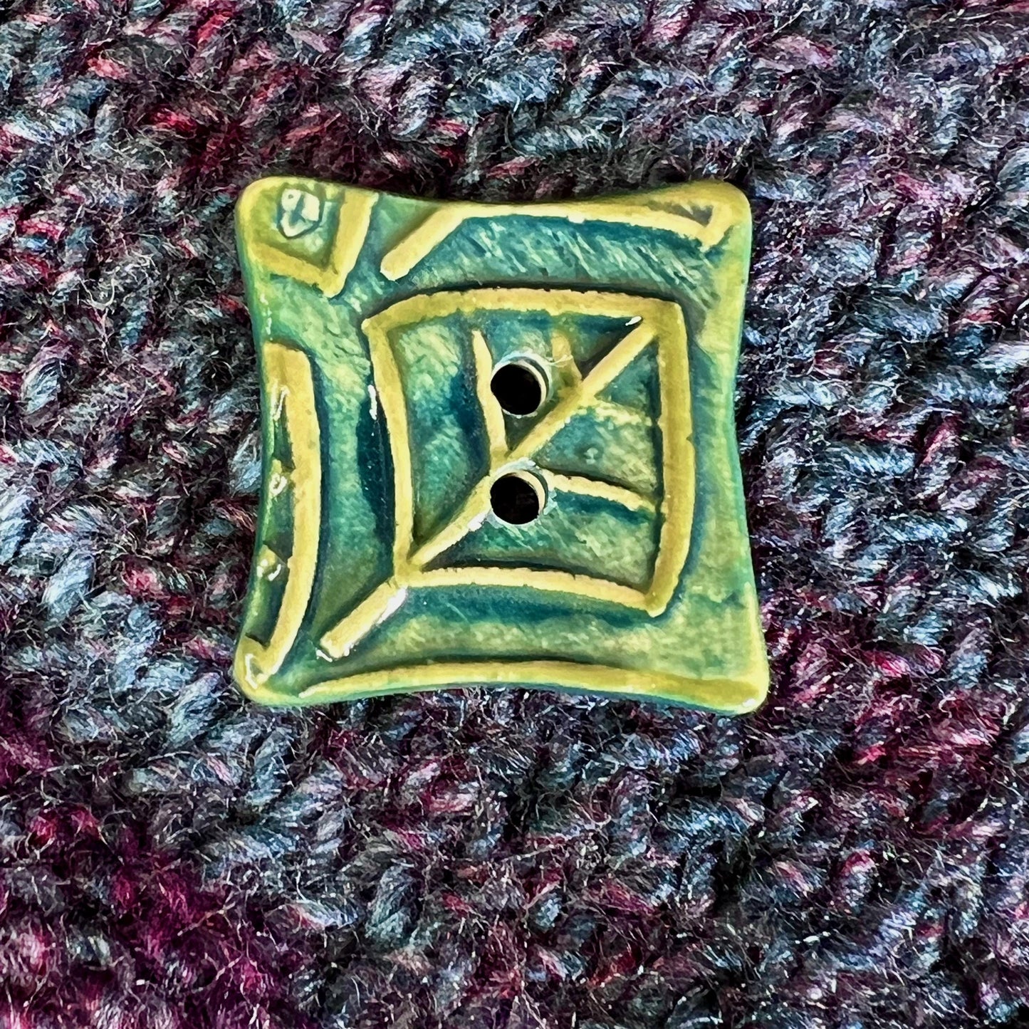 Square Green Button With Graphic Leaf Stamp 2 Holes