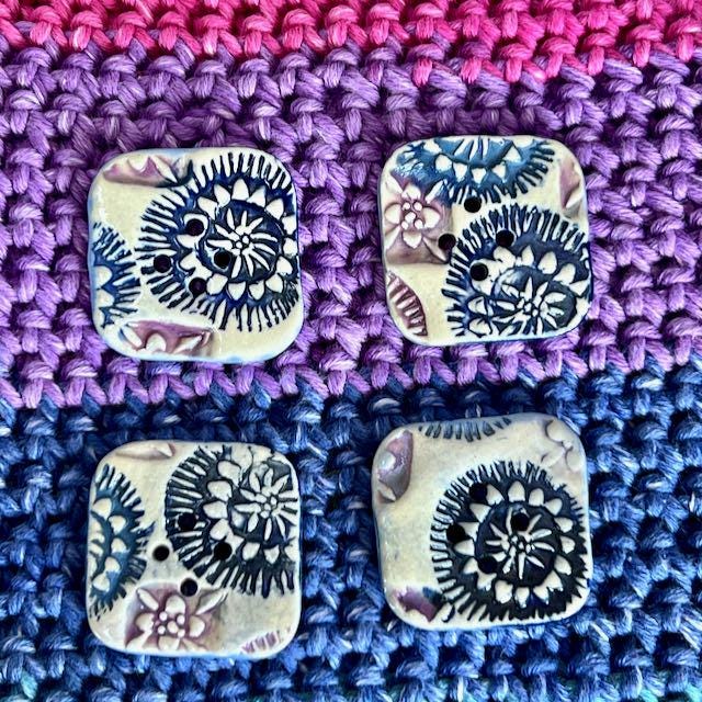 Purple and Blue Boho Designs on White Square Buttons