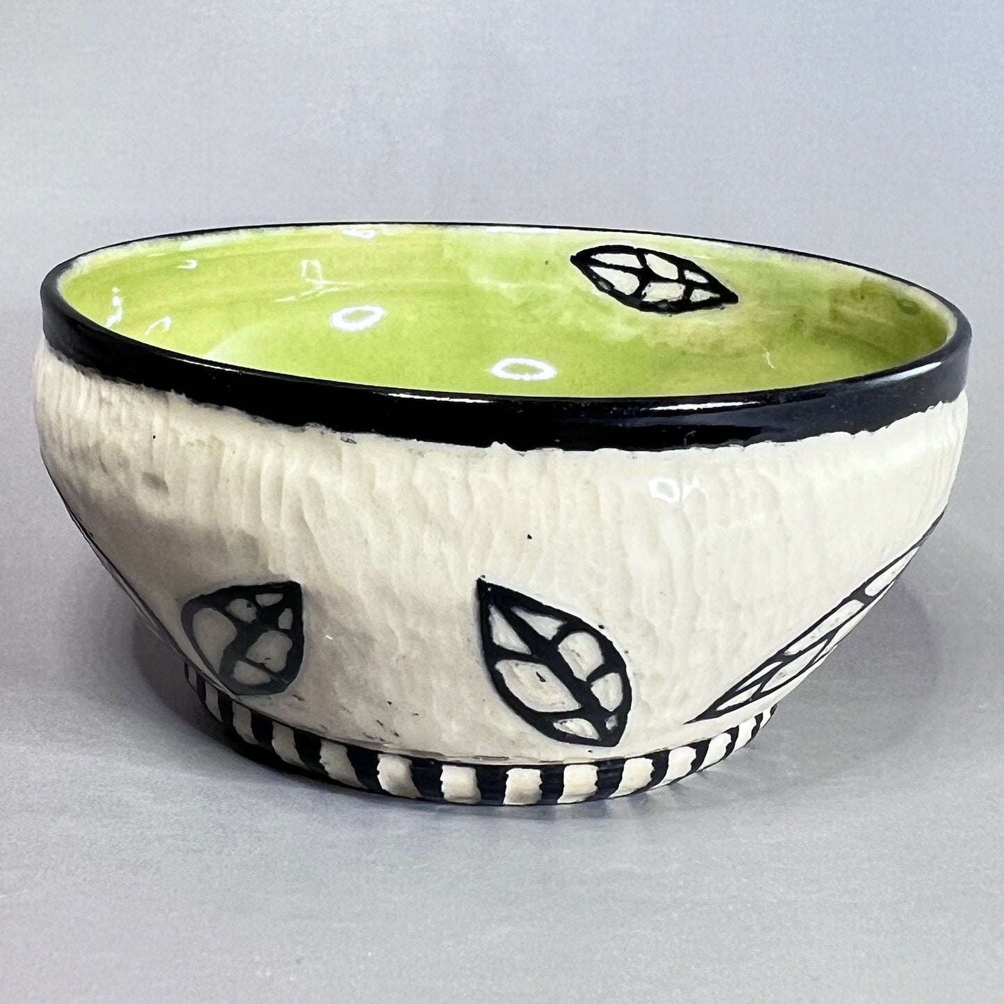 Sgraffito Stoneware Bowl, Celadon Glaze, Leaf Design