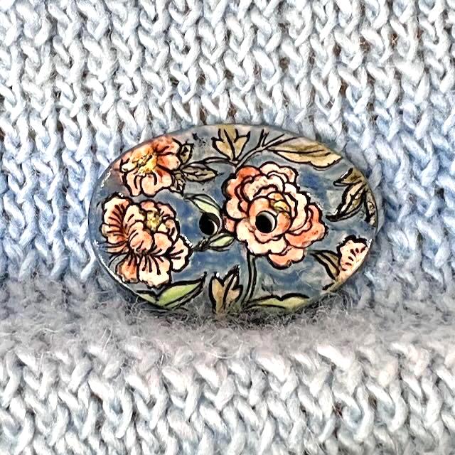 Cottage Garden Flowers on Blue Oval Buttons