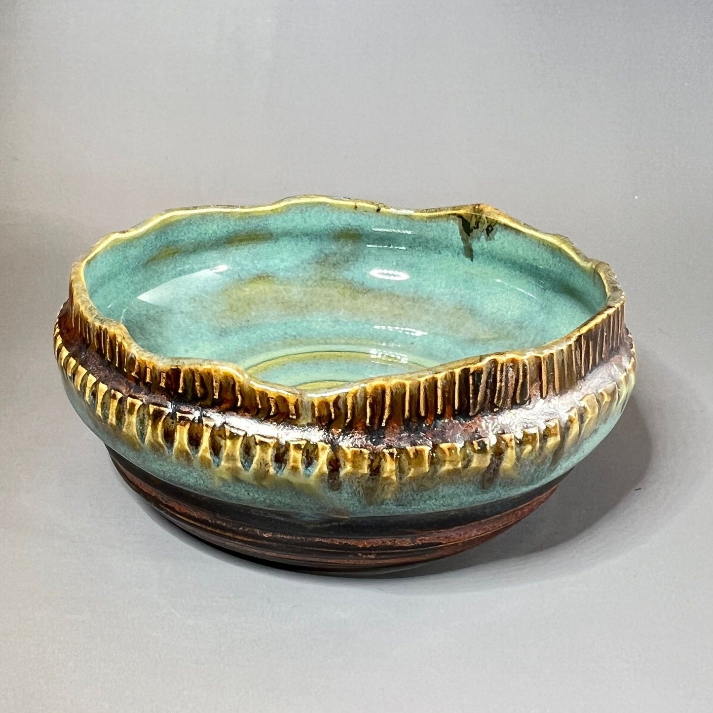 Copper and Turquoise Carved Stoneware Trinket Dish