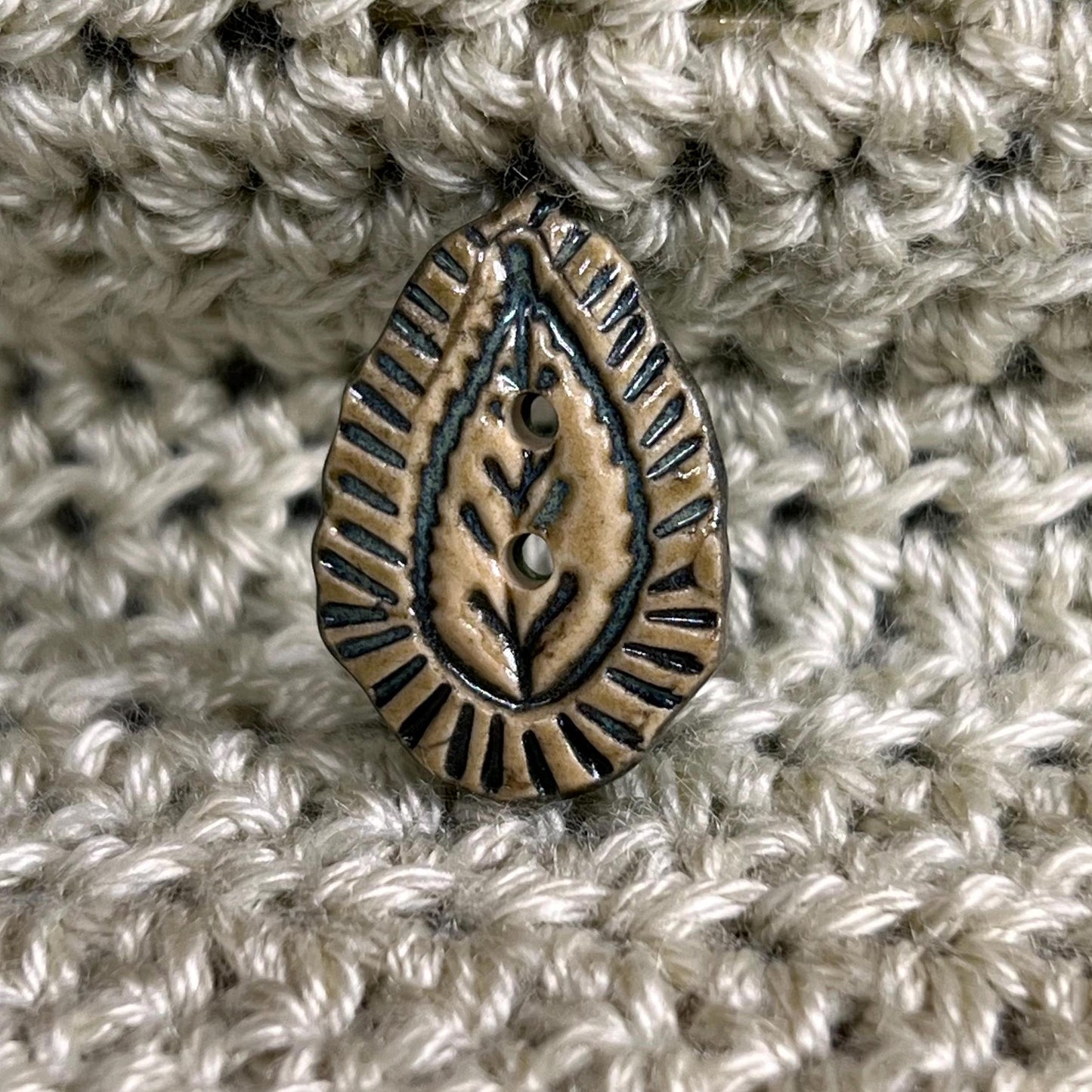 Natural Paisley with Dark Green Details Teardrop Shaped Ceramic Button