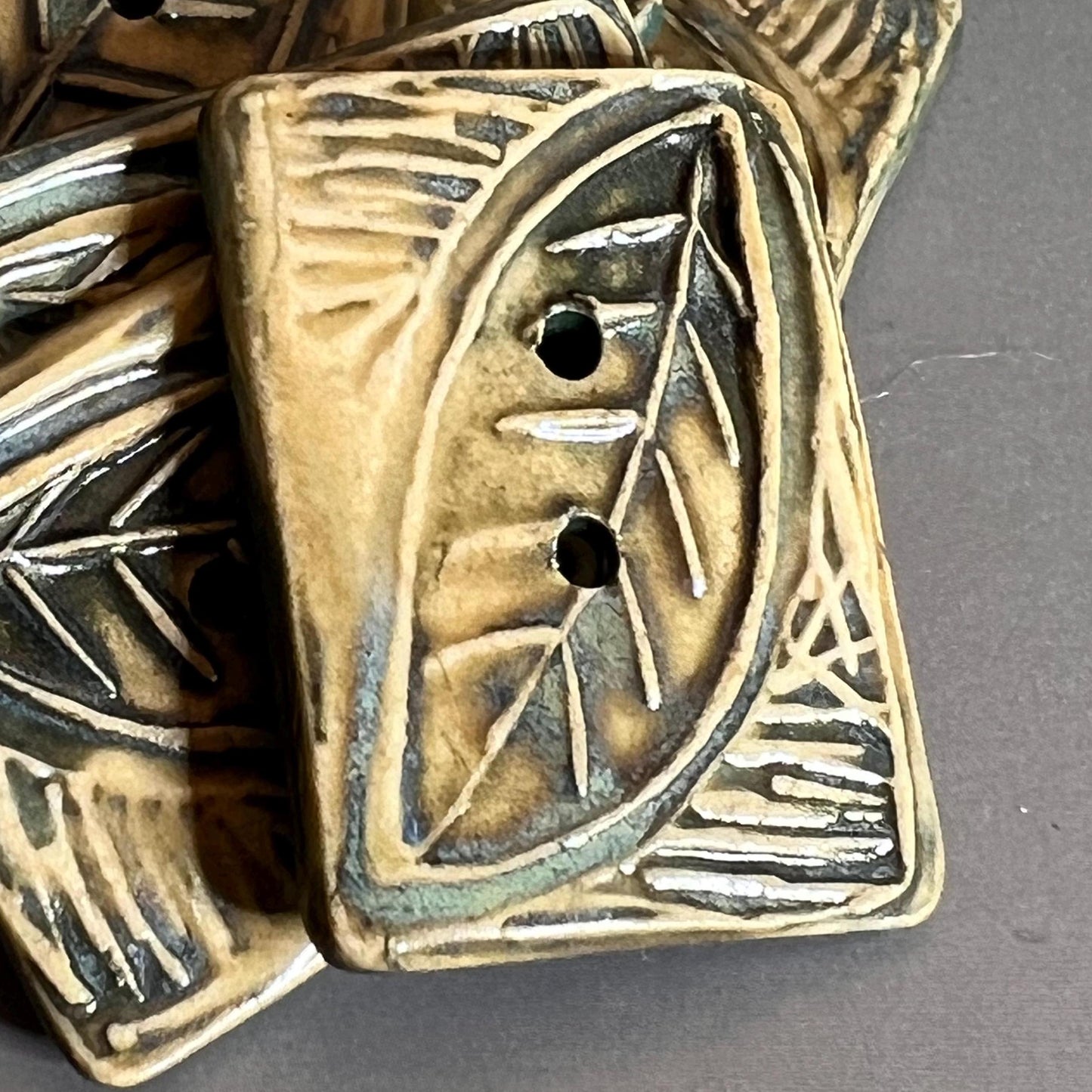 Large Green and YellowStamped Leaf Ceramic Artisan Button