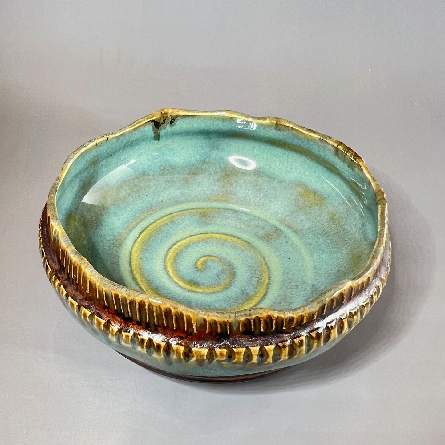 Copper and Turquoise Carved Stoneware Trinket Dish