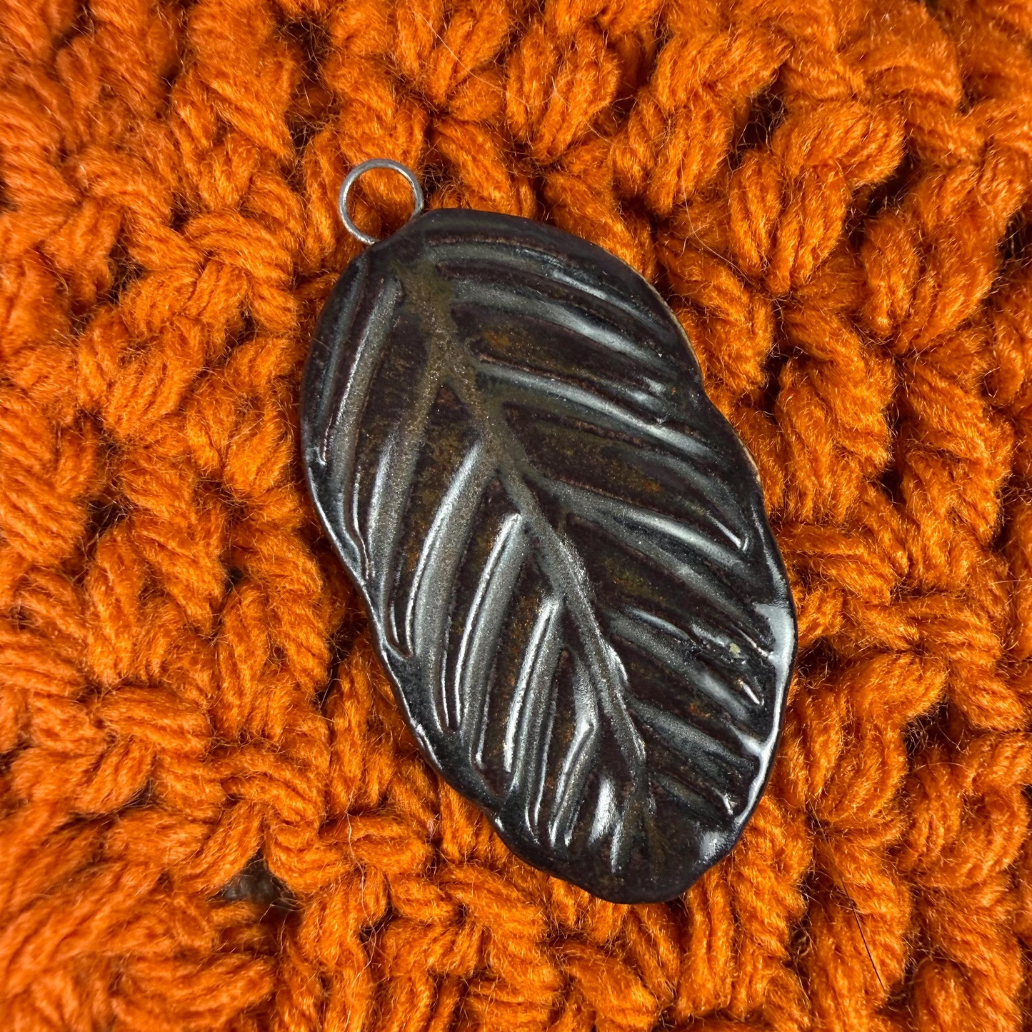 Deep Black and Copper Leaf Ceramic Pendant