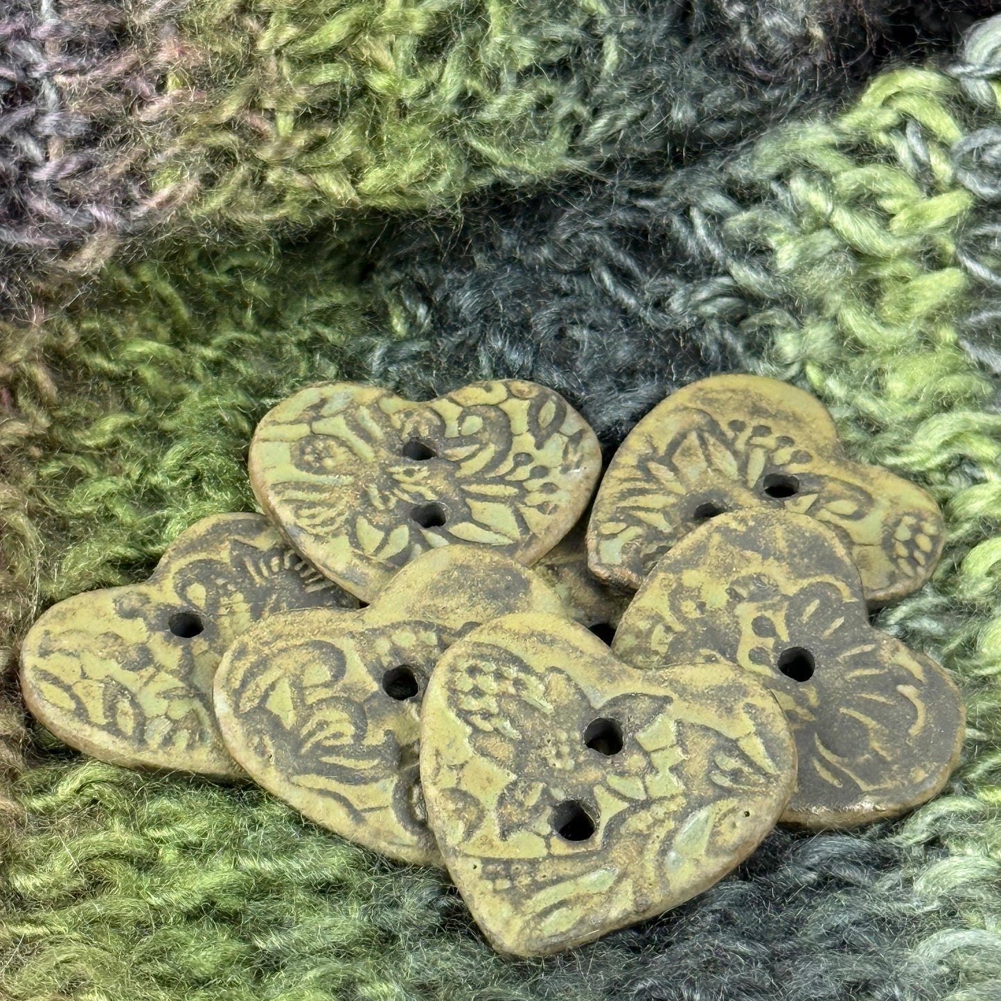 Matcha Green Floral Pattern on Black Porcelain Heart Button