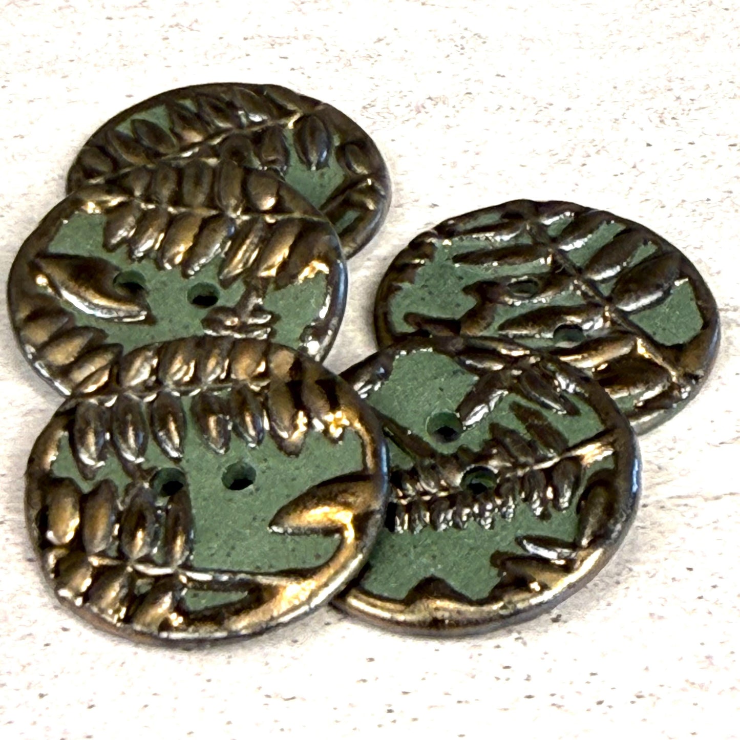 Gold Fern Leaves on Green Porcelain Round Buttons