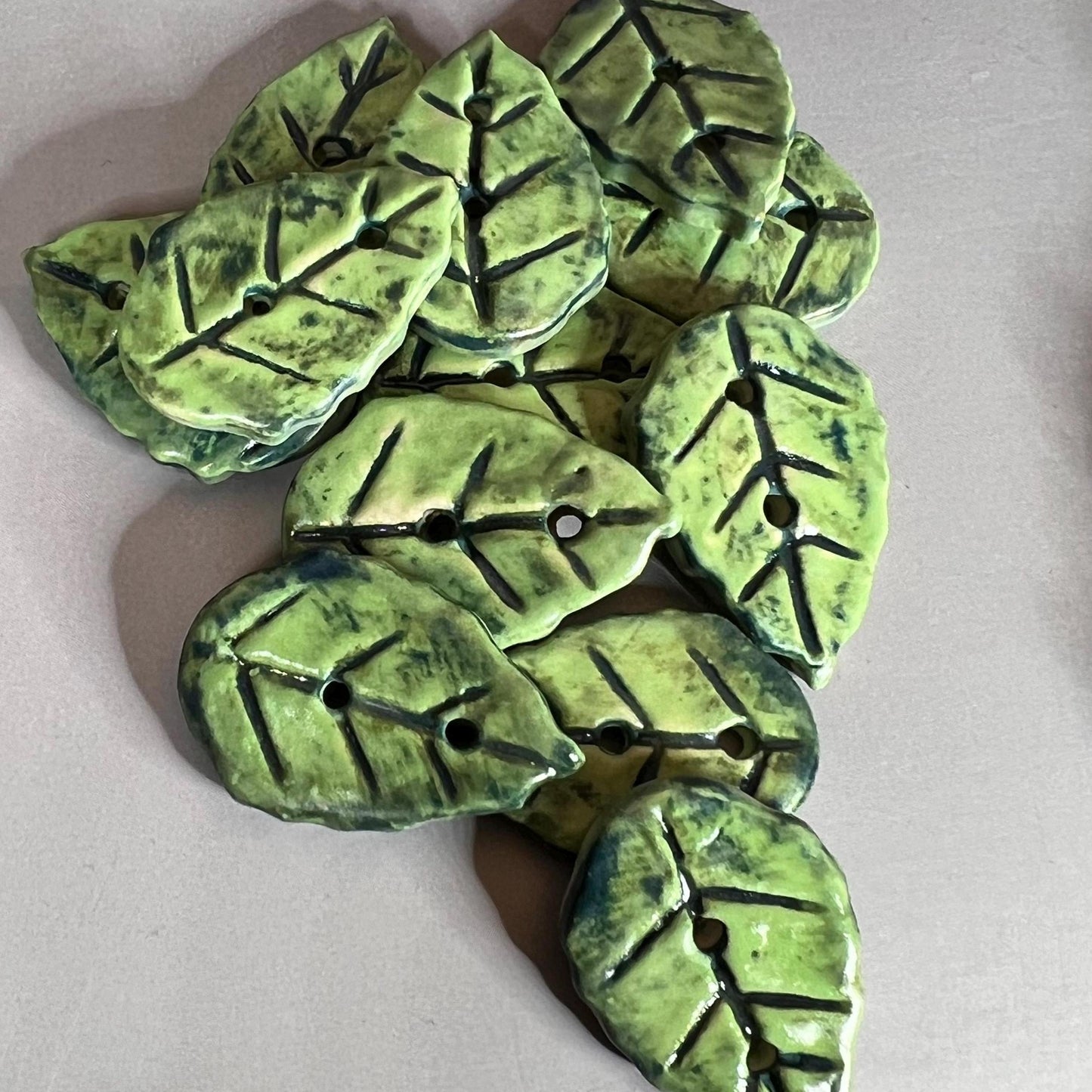 Leaf Shaped Ceramic Buttons Green with Dark Green Veins