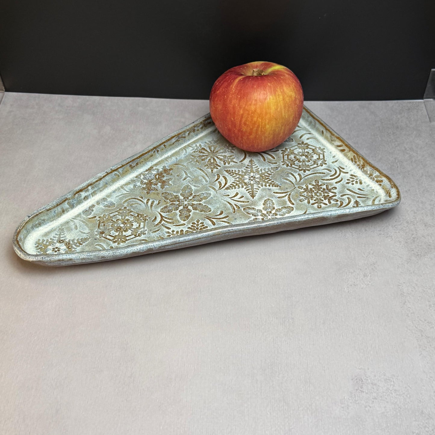 MCM Tree Shaped Tray with Snowflake Pattern White on Brown Stoneware