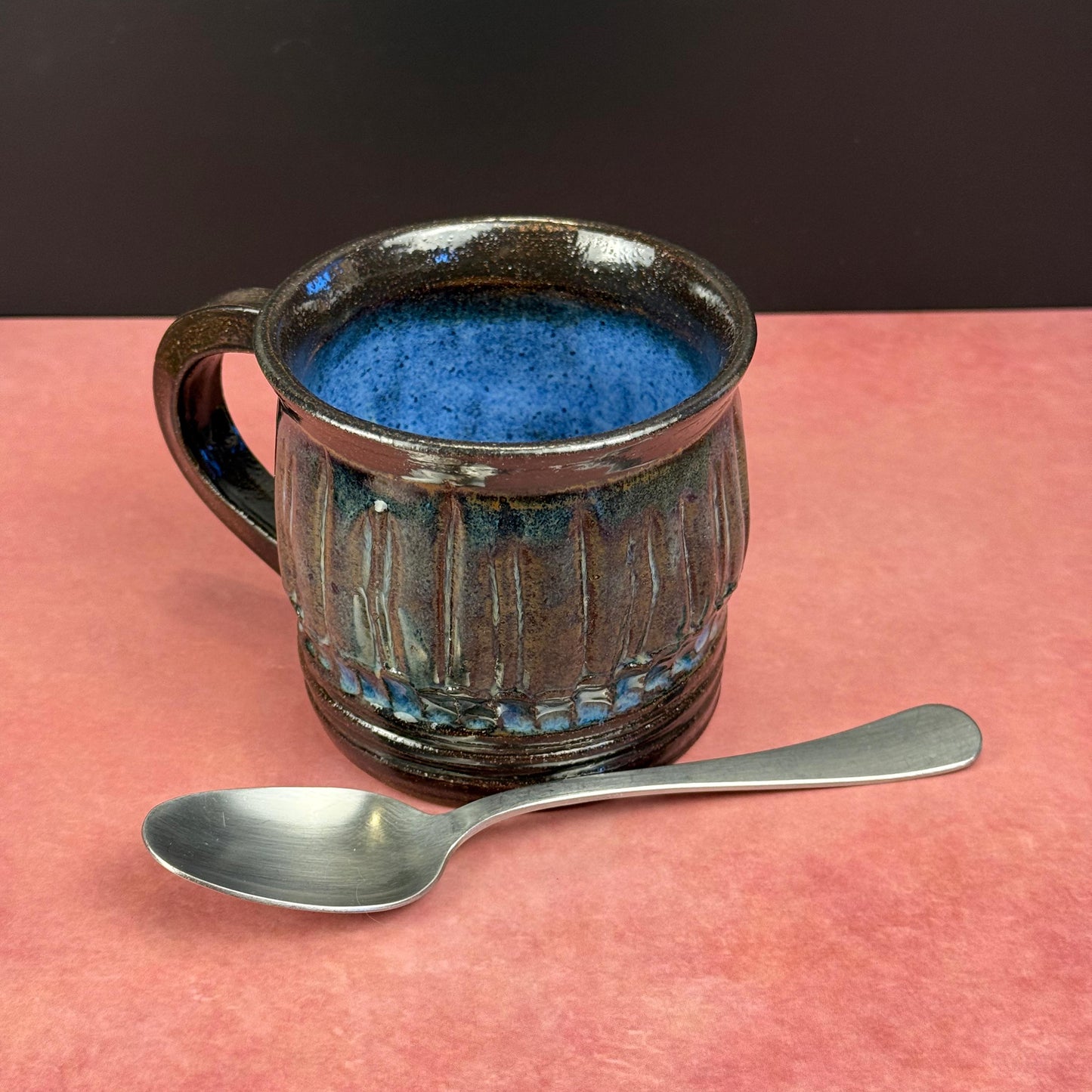 Midnight Blue and Brown Carved Rustic Mug