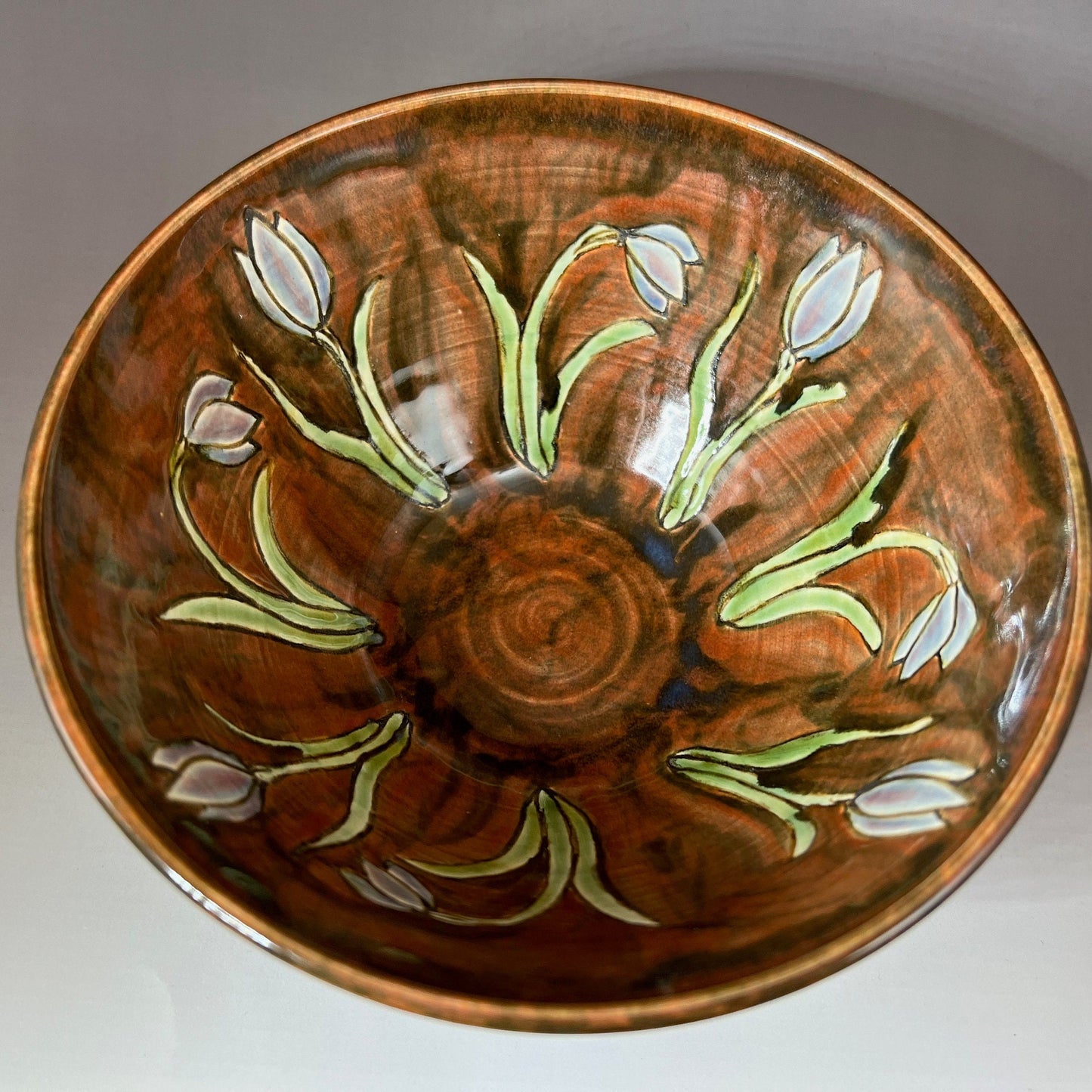Brown Serving Bowl with Tulips