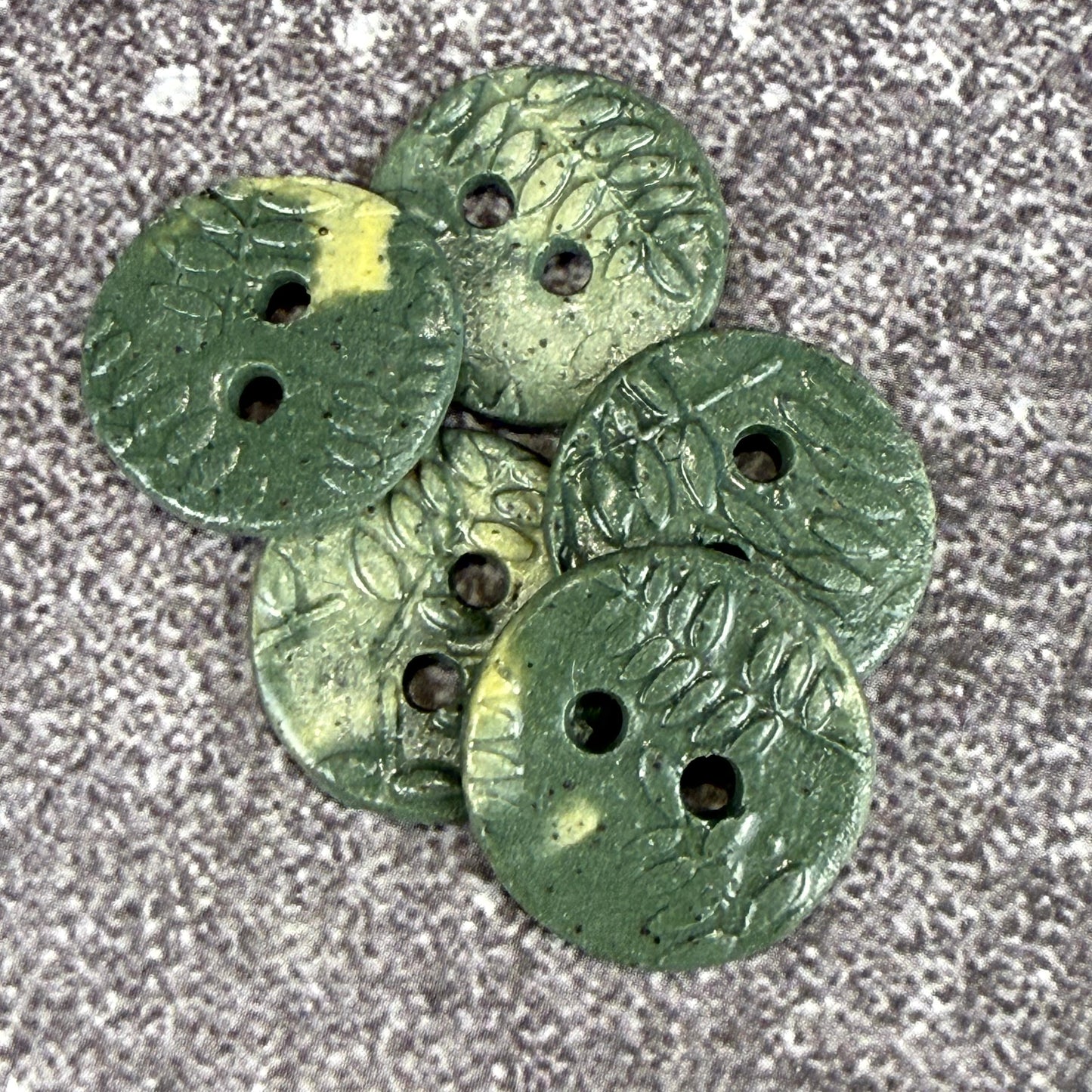 5 Tiny Green Porcelain Buttons with Fern Pattern