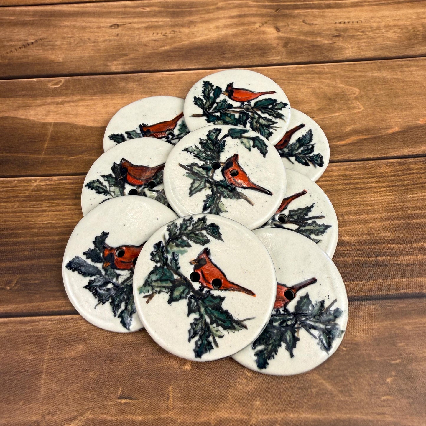 Red Cardinal With Holly on White Round Button