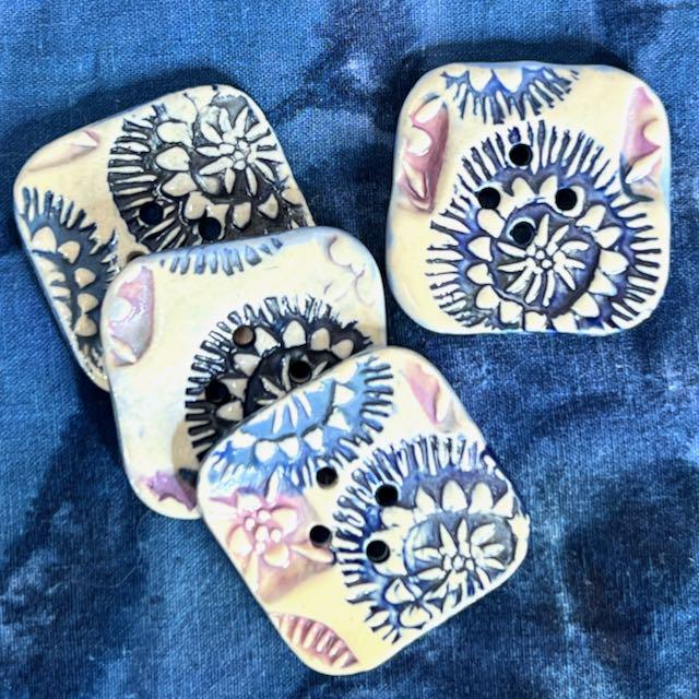 Purple and Blue Boho Designs on White Square Buttons